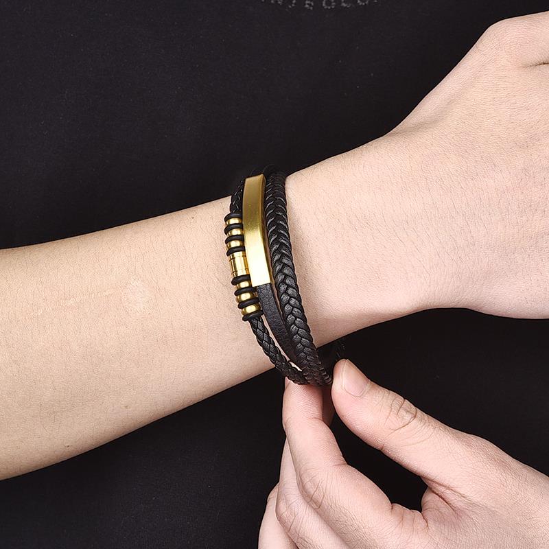 Stainless Steel Leather Bracelet Hand Woven Classic Fashion Multi Layer Jewelry New Style Trendy Accessory