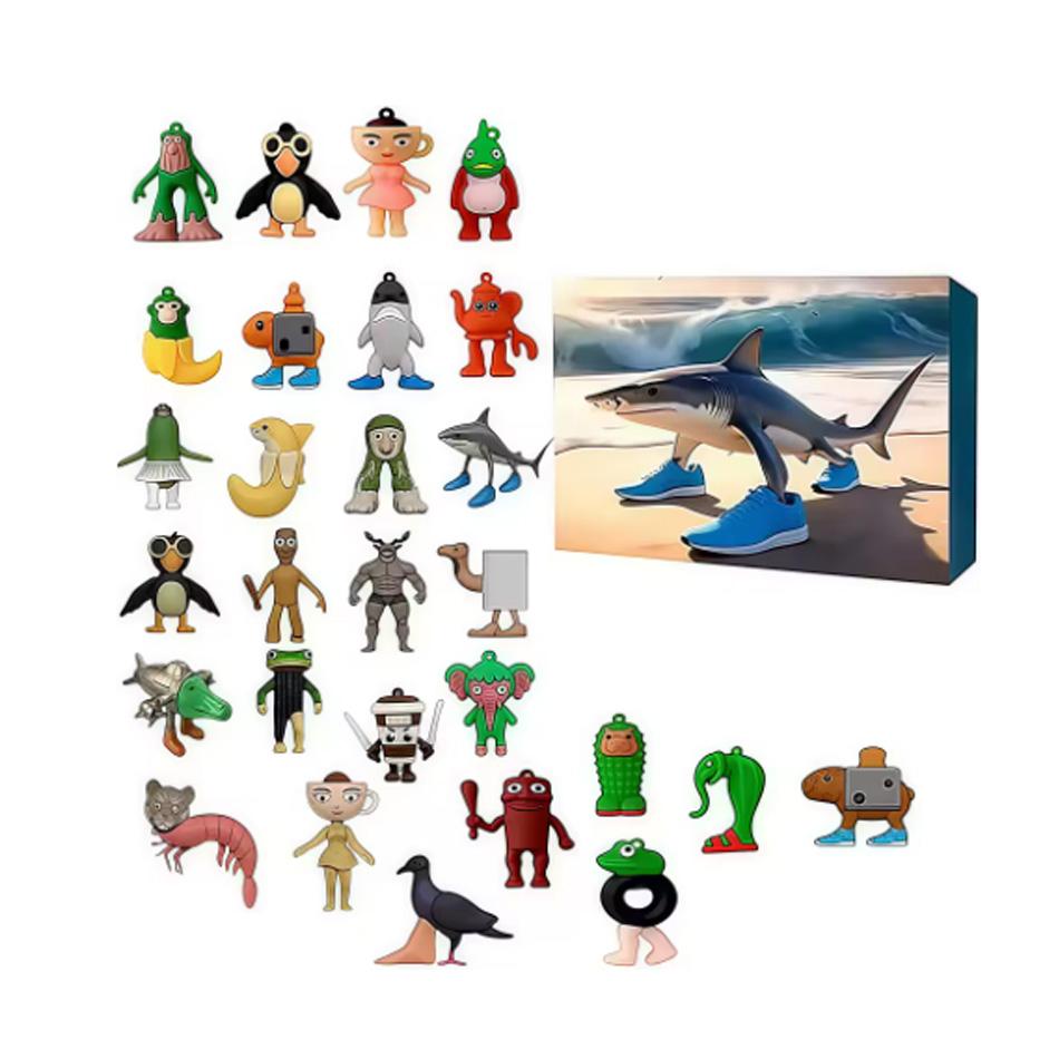 Christmas Arrival Calendar 24 Grid Countdown Brainrot Tung Sahur Pendant Acrylic Cartoon Animal Shark Wooden Stick Model Gift