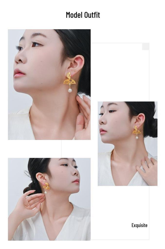 Chinese Double Layer Gold Fan Tassel Pearl Earrings with Silver Studs