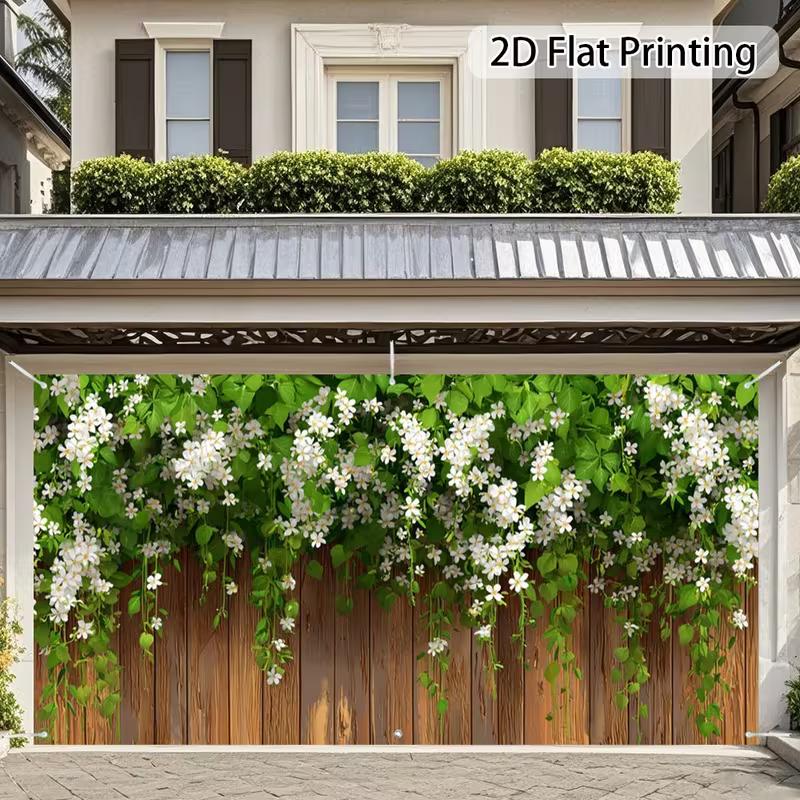 Sfondo per Porta del Garage in Legno Rustico 2D con Rampicante Bianco e Fiori Striscione per la Casa