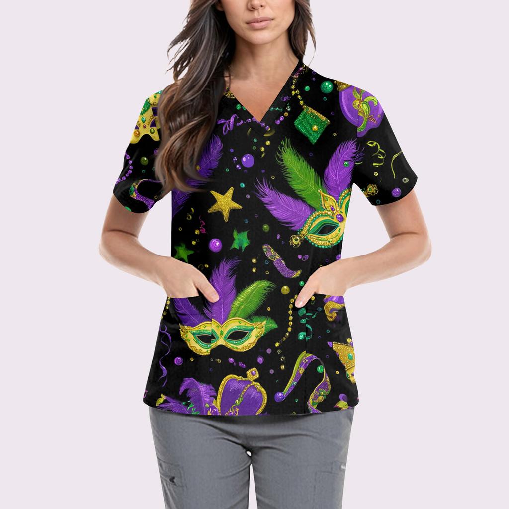 Süße bedruckte Arbeitskleidung für Damen, V-Ausschnitt, doppellagige Taschen, Basic, kurzärmeliges Oberteil, Pullover, Valentinstag