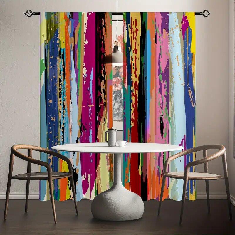 2pcs -A beautiful multi-color combination print curtains, pole bag curtains, home decoration, room decoration