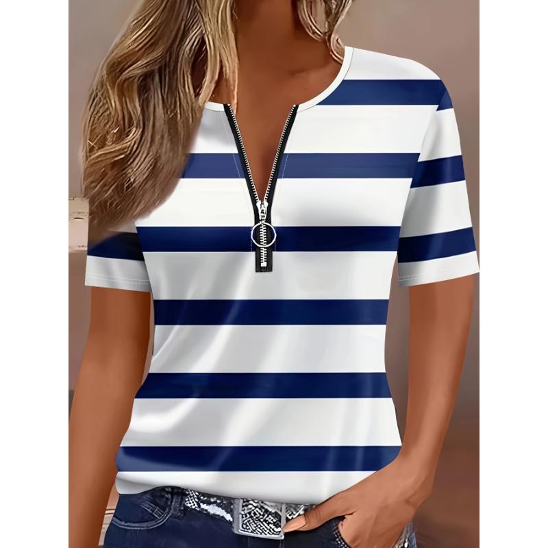 Casual Fashion Holiday Women's Regular Edition Full body Printed Stripe Zipper Short Sleeve V-neck T-shirt
