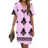 Women's Summer Vintage Print Dress Pleated Short Sleeve V-Neck Pocket Casual Dress