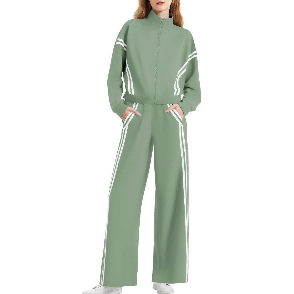 Women's Zip‑Up Stand Collar Striped Side Wide Leg Pants 2‑Piece Tracksuit Set