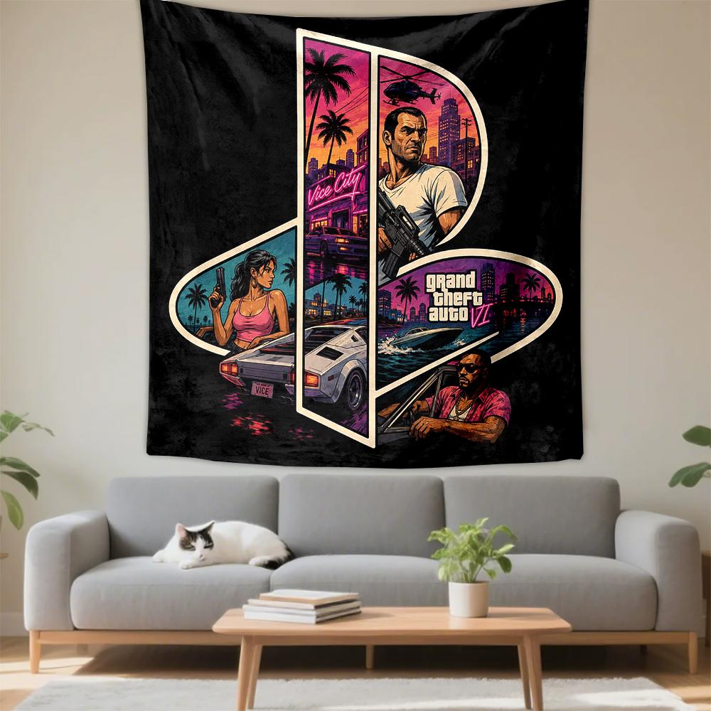 GTA VI Vice City R Logo Comic Gamers Decorative Wall Tapestry for Bohemian Home Wall
