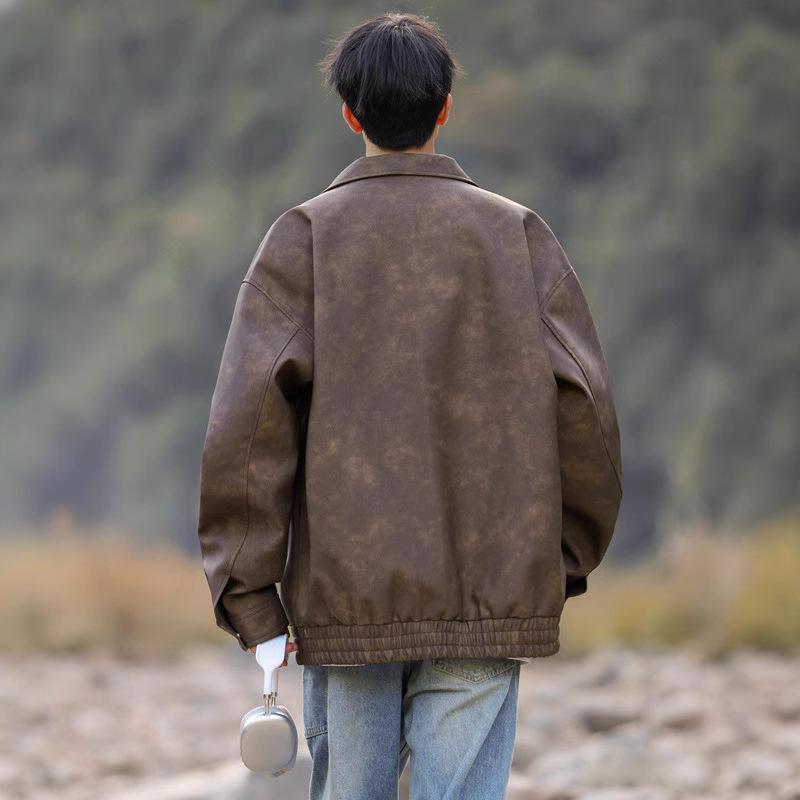 American retro pu leather jacket men's spring and autumn brown boys' top men's spring and autumn men's leather jacket men's