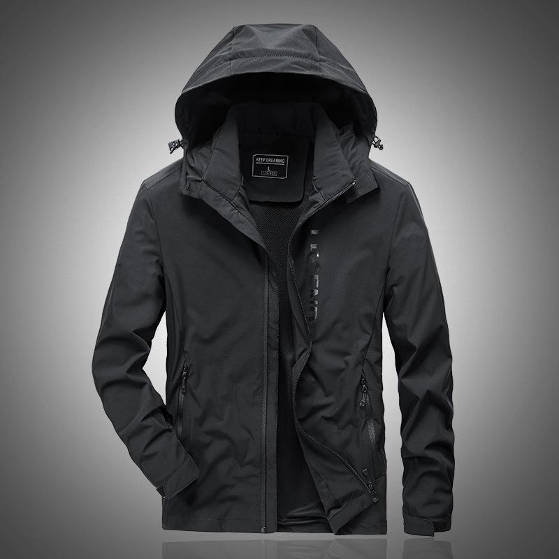 

Осенняя утолщенная повседневная куртка с воротником-стойкой серого цвета с капюшоном, застежкой-молнией, прямым подолом и внешней застежкой-молнией 4XL