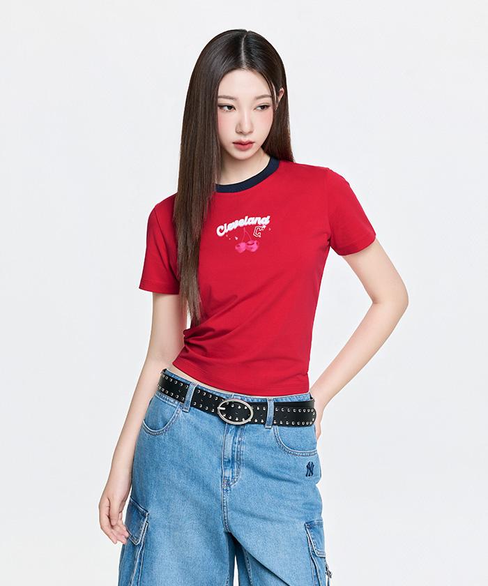 Emelbi Women'S Summer Fruit Ringer Slim Semi-Crop Short Sleeve T-Shirt Cle (Neon Red)