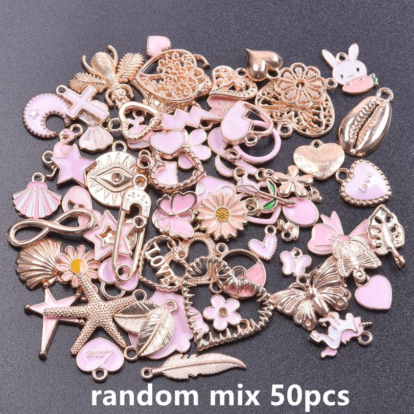 Pink Girl Pendant Random Mix 10/20/30/50pcs Cute Heart Rabbit Flower Diy Enamel Charms For Jewelry Making Bulk Handmade Material