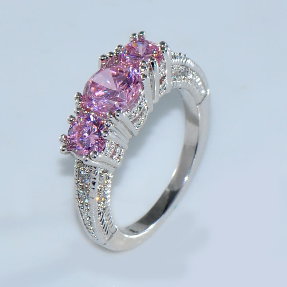 Three Stone CZ Zircon Pink White Blue Green Ring Silver Color Engagement Wedding Band Rings for Women Bridal Fine Jewelry Party Gift