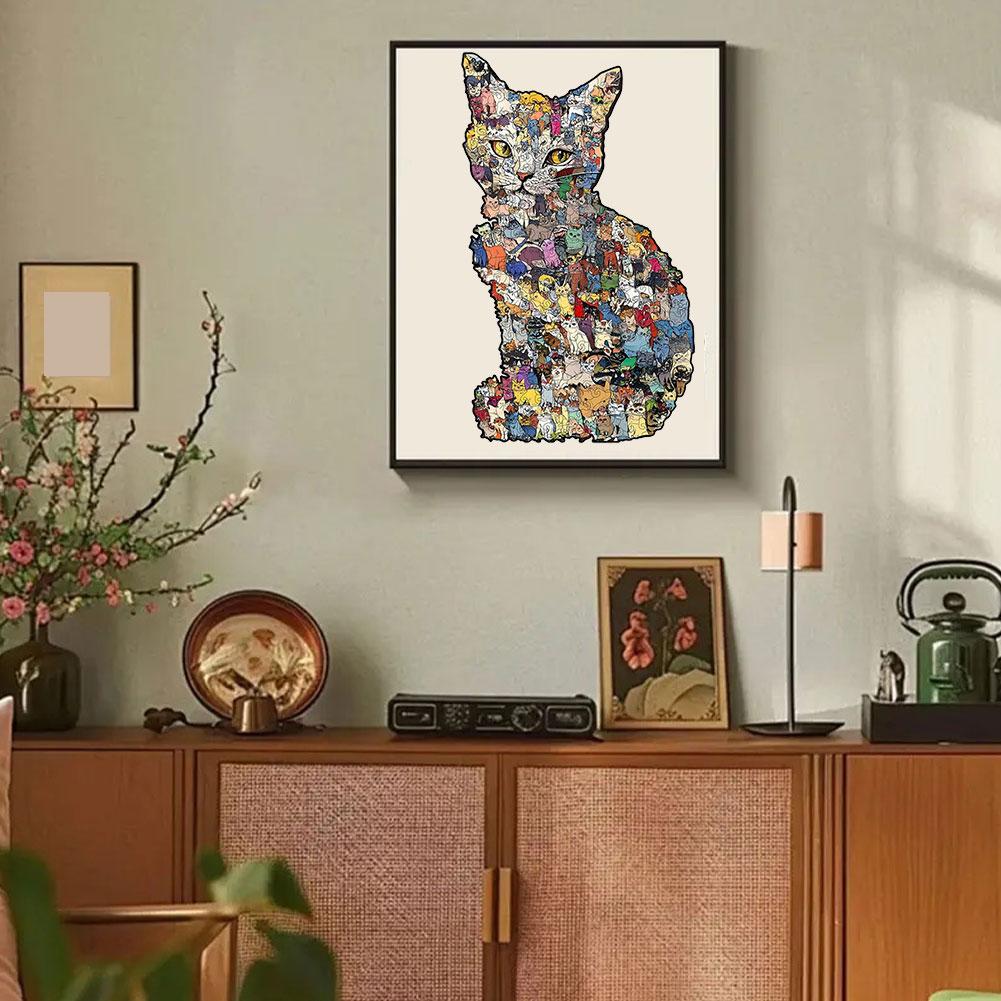 New DIY Wooden Irregular Shaped Puzzle with Cat Design - Children's Educational Toy Decorative Painting Puzzle Ornament