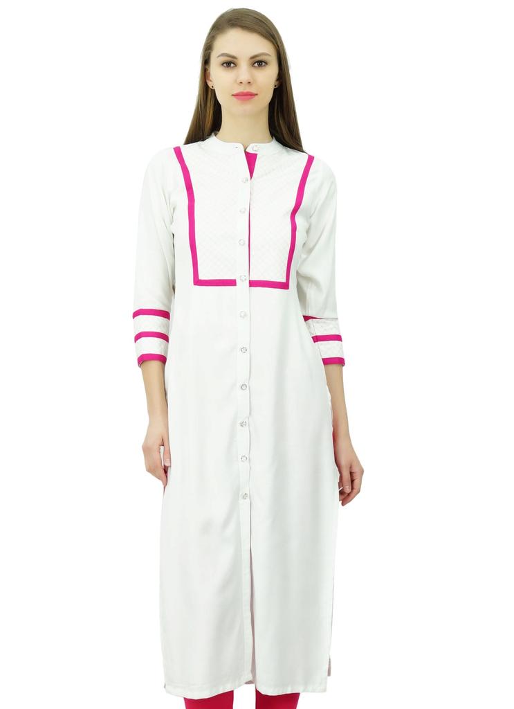 Phagun Womens Rayon Straight Tunic Kurta Open Front Kurti Mandarin Collar Indian