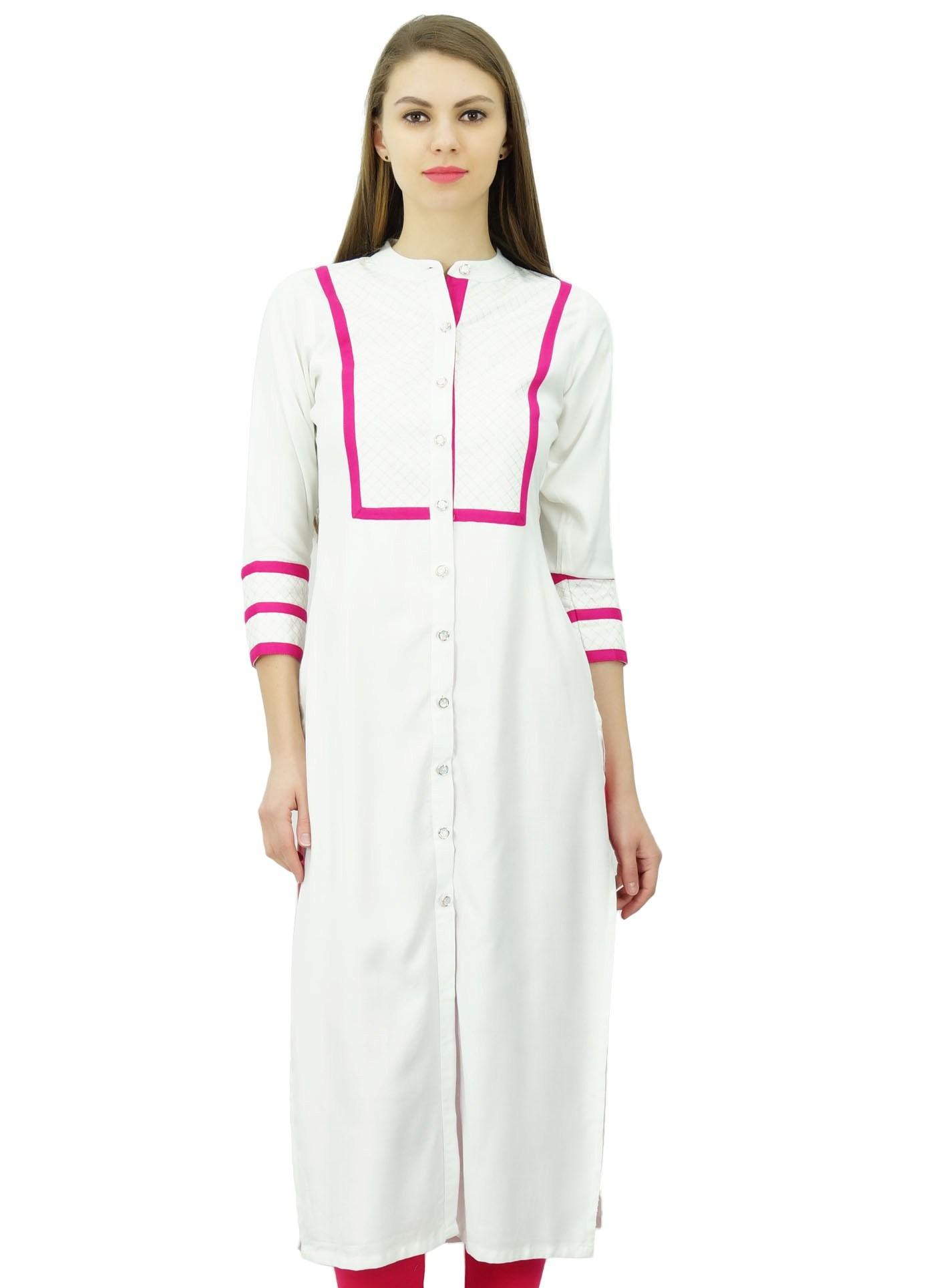 

Phagun Womens Rayon Straight Tunic Kurta Open Front Kurti Mandarin Collar Indian 8 білий