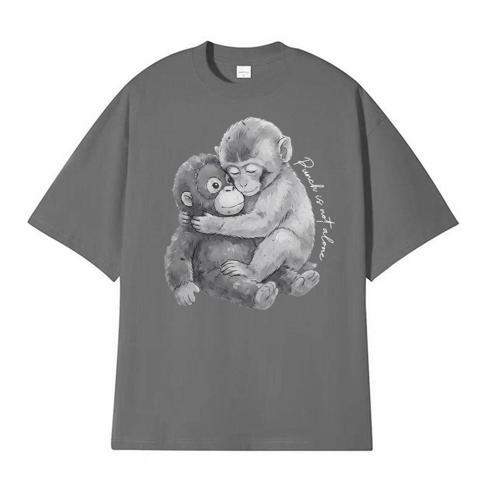 Punch Monkey Hug Is Not Alone Graphic Tshirts Men Women Clothing Vintage Fashion Cotton Tshirt High Quality T Shirt Streetwear