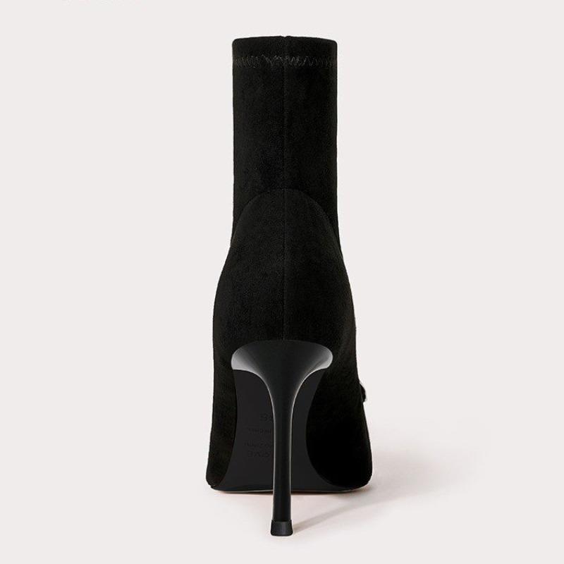 Fashion Rhinestone Skinny Heel Skinny Boots Autumn New Pointed Toe Suede Sleeve Non-Slip Anti-Shorthole Boots