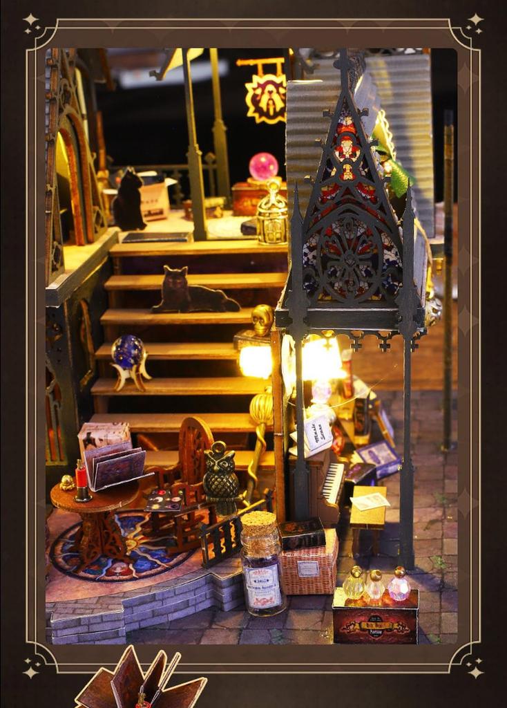 Moin Moin Dollhouse Miniature DIY Kit Scale Magic Castle Magic Castle Cat LED Light Acrylic Case Music Box Set, 1/24 [English Instructions], Shop, +