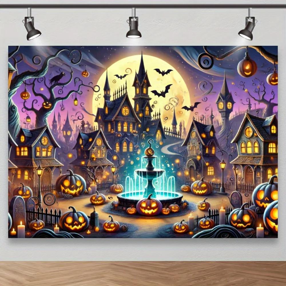 Halloween Town Glowing Pumpkin Banner Photography Background Mysterious Gothic Architecture Decoration Photography Background