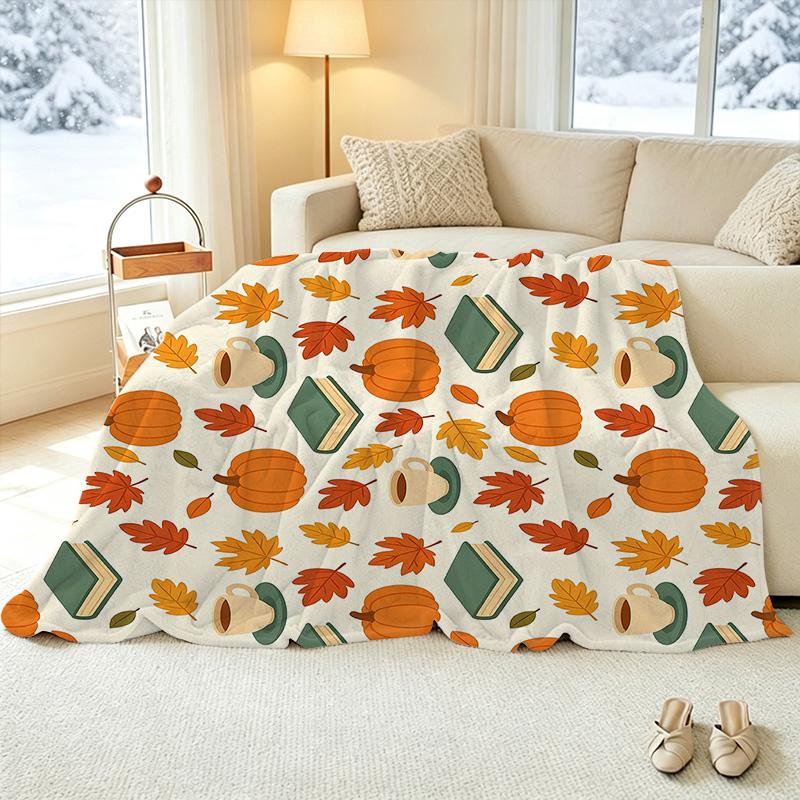 Autumn Themed Flannel Throw Blanket Thick, Soft & Warm Single Size, Ideal for Home Leisure, Guest Room Backup, Cozy Relaxing Vibe