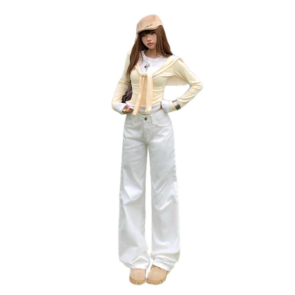 Women's Autumn 2025 White Retro Low-Waist Loose Straight-Leg Floor-Length Jeans
