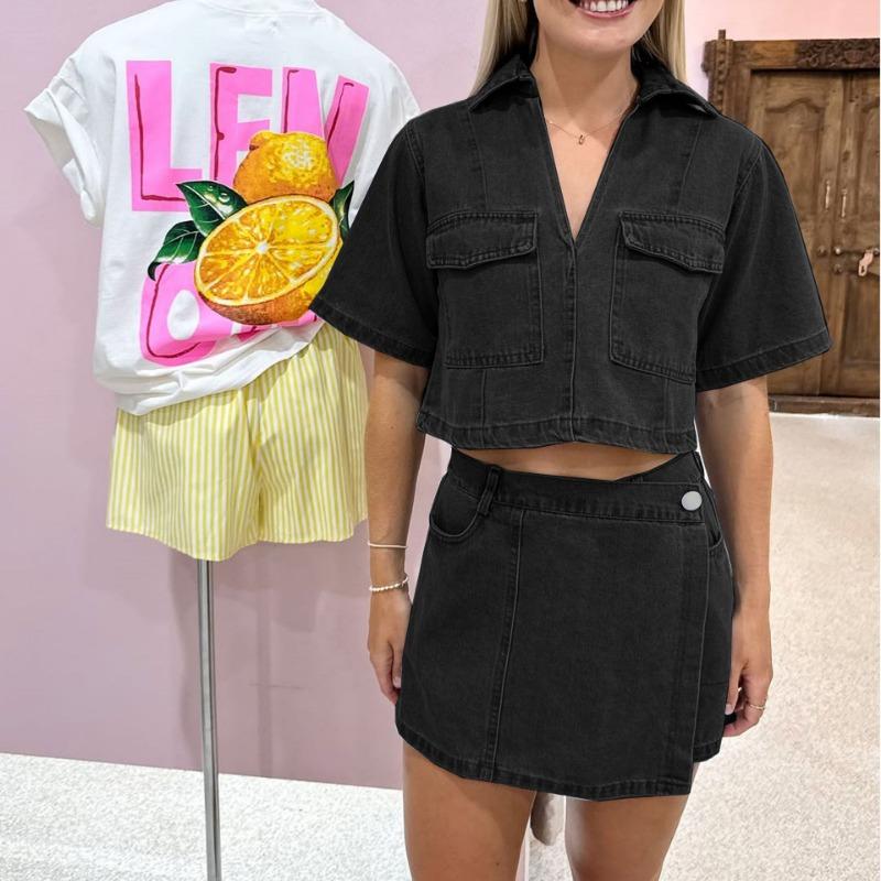 

Женский рабочий джинсовый костюм Юбка Брюки Летний V-образный вырез Короткий рукав Топ Летний костюм Spice Girls с высокой талией и асимметричным кроем XL чёрный