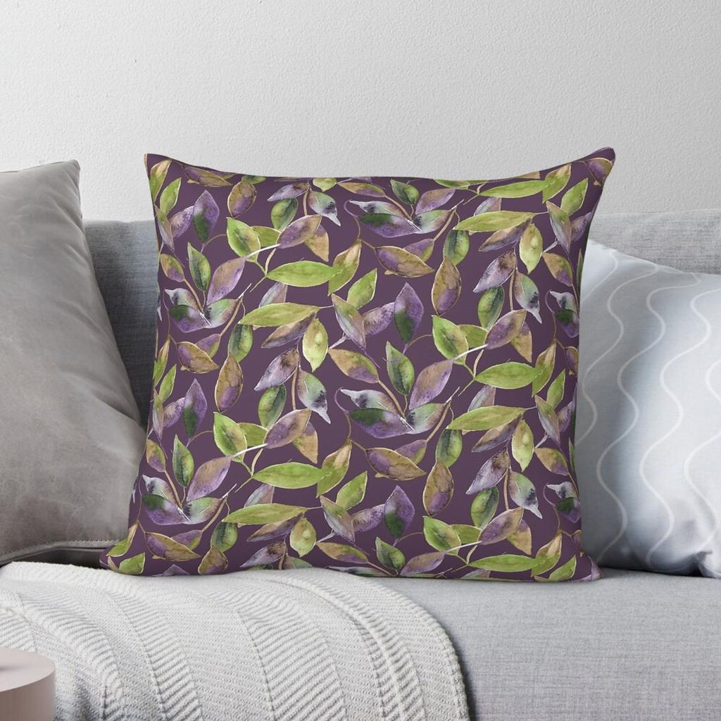 Green Purple Leaves Pillowcase Polyester Linen Velvet Pattern Zip Decor Throw Pillow Case Bed Cushion Case