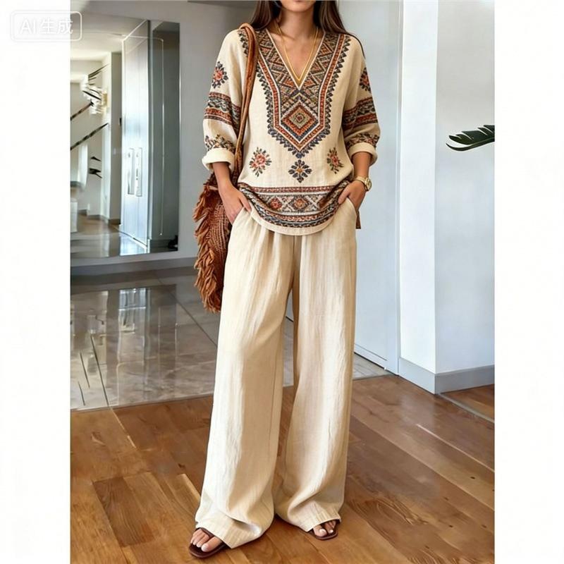 Bohemian Print Cotton and Linen Shirt Long-sleeved Wide-leg Pants Two-piece Set V-neck Vacation Loose Casual Suit Women