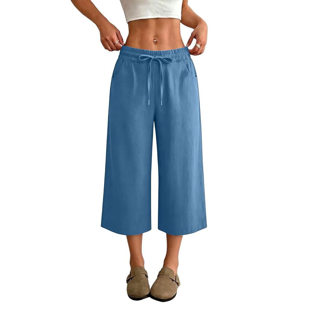 Women’s High Waist Wide Leg Drawstring Cropped Pants with Pockets Relaxed Fit Casual Summer Lightweight Design
