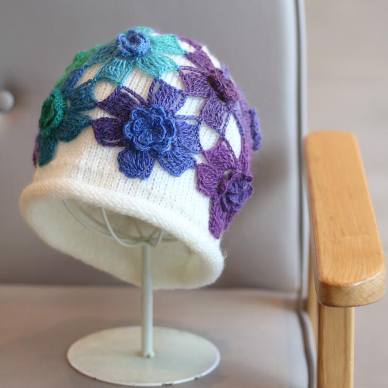 Hat Fan Gradual Change Wool Line Ethnic Style Colorful Flowers Hand Hook Pile Bag Head Hat Retro Elegant Autumn and Winter Warmth