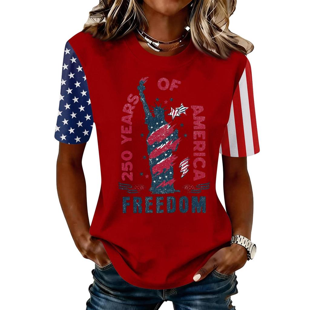 Blusa Feminina da Moda Casual de Manga Curta com Estampa e Gola Redonda