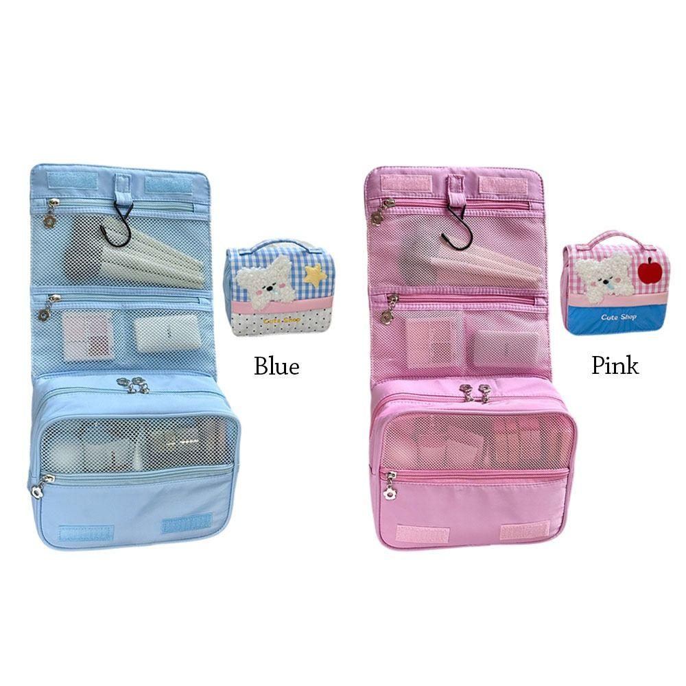 Cartoon Dog Makeup Bag Pink Blue Large Capacity Storage Bag Compartment Design Grid Pattern Organization Bag Bussness Trip