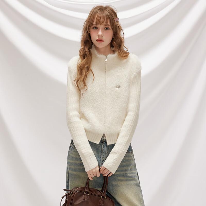 unifree Faux Fur Patchwork Double Zip Knit Cardigan