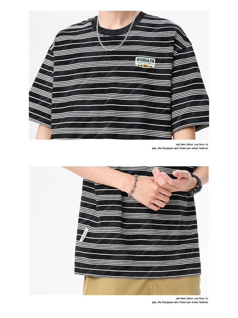 Men's Loose Fit Striped Cotton Crew Neck T-Shirt with Embroidery