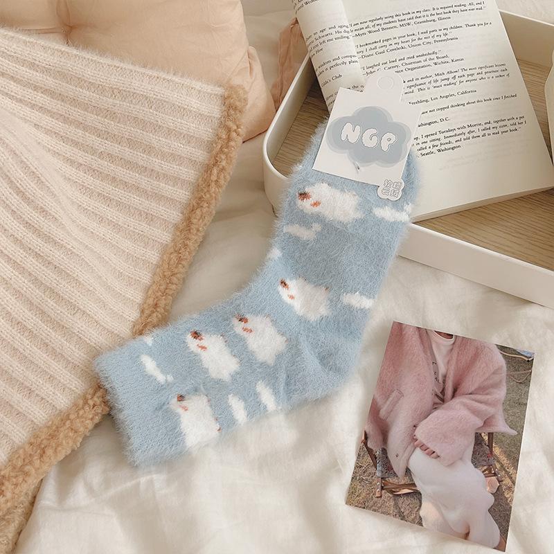 

Носки с рисунком норки, женские носки до середины икры, осенние и зимние хлопковые утолщенные теплые домашние носки-тапочки, плюшевые чулки One size синий