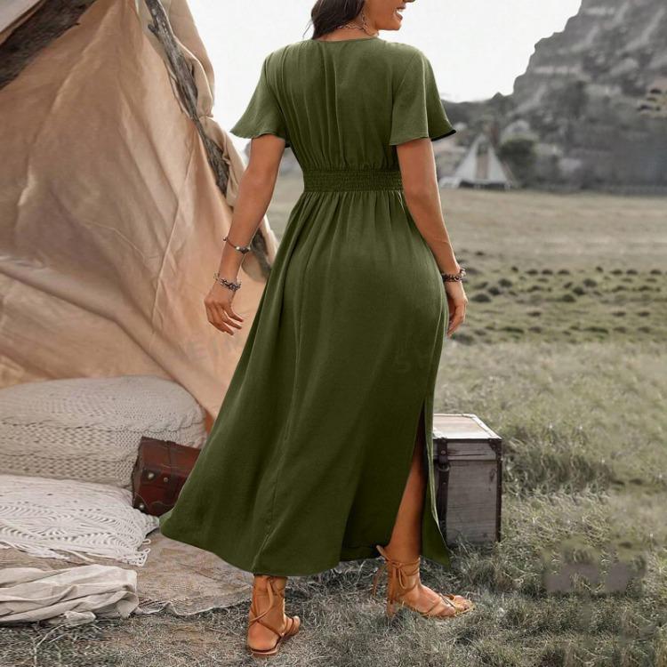Women's Sexy V Neck Wrap Waist Maxi Dress A Line Side Slit Solid Color Casual Summer Long Dress Comfortable Sleeve Fashion