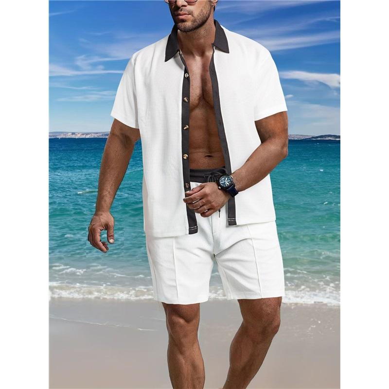 Men's  Color Block Knit Set Short Sleeve Shorts 2-Piece Summer Casual