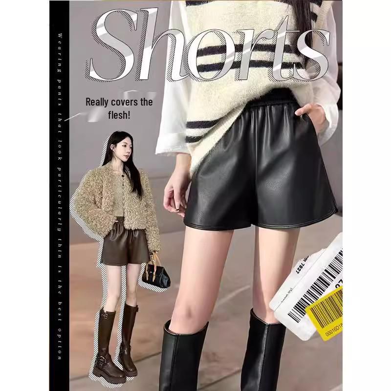 

Women s 2025 High Waisted Black PU Leather A-Line Wide Leg Shorts, Plus Size, for Autumn and Winter. 3XL кофейный