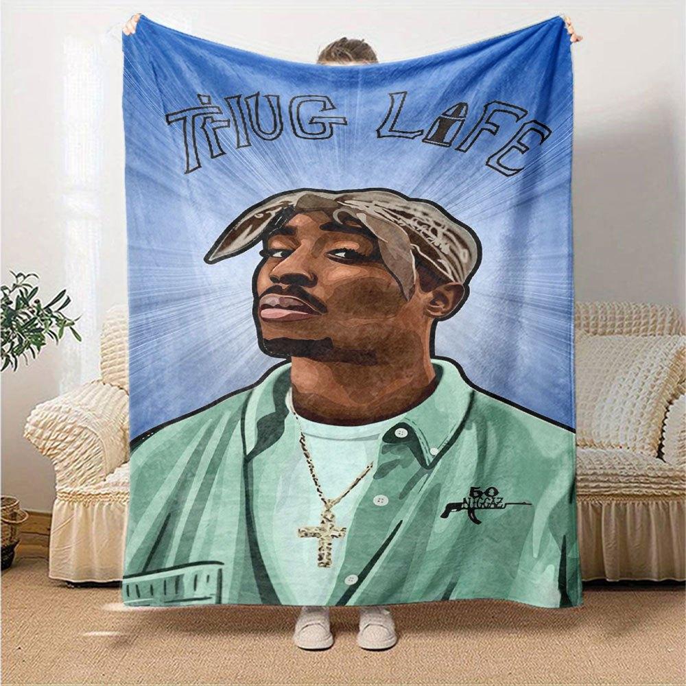 1pc 2PacHip Hop Blanket Soft Lightweight All Season Multi Purpose Throw for Sofa, Bed, Office & Picnics, French Style with Iconic Album Art & Quotes