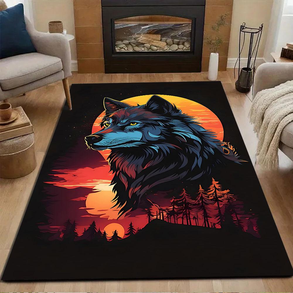 Wolf at Sunset Forest Fantasy Patterned carpet, non slip mat suitable for living room and bedroom sofas