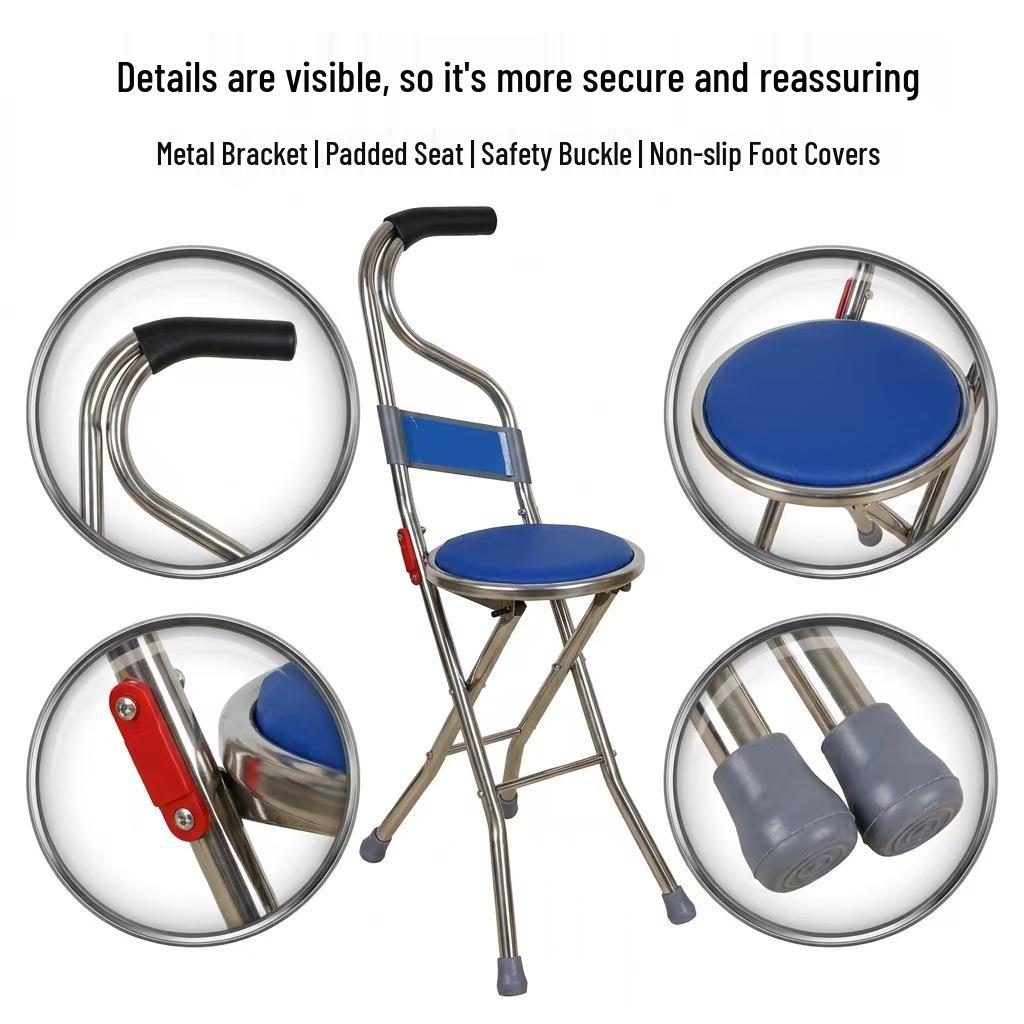 Stainless Steel Folding Cane Stool: Lightweight, Non-Slip, Four-Legged Support for Elderly Assistance
