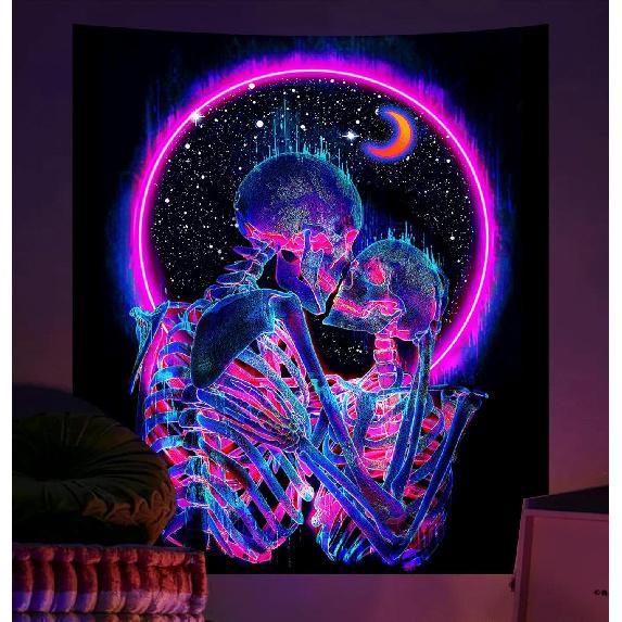 TUGCAY Blacklight Skull Tapestry Glow in the Dark Tapestry Kissing Lovers Tapestries Skeleton Neon Trippy Moon Stars Vertical Posters Wall Hanging