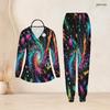 Women Plus Size Colorful Printed V Neck Long Sleeve Nurse Scrub Set With Pockets Top And Long Pants