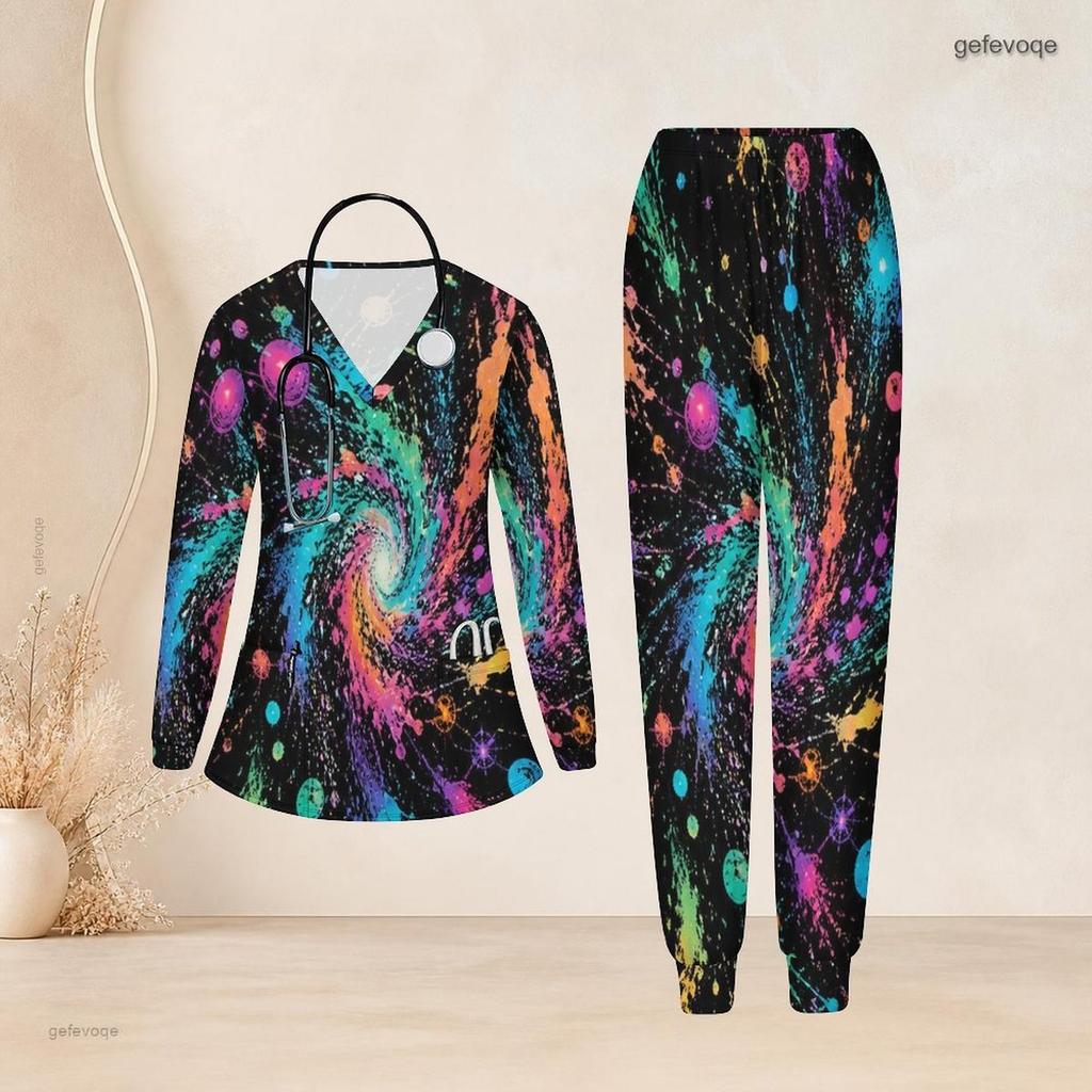 Women Plus Size Colorful Printed V Neck Long Sleeve Nurse Scrub Set With Pockets Top And Long Pants