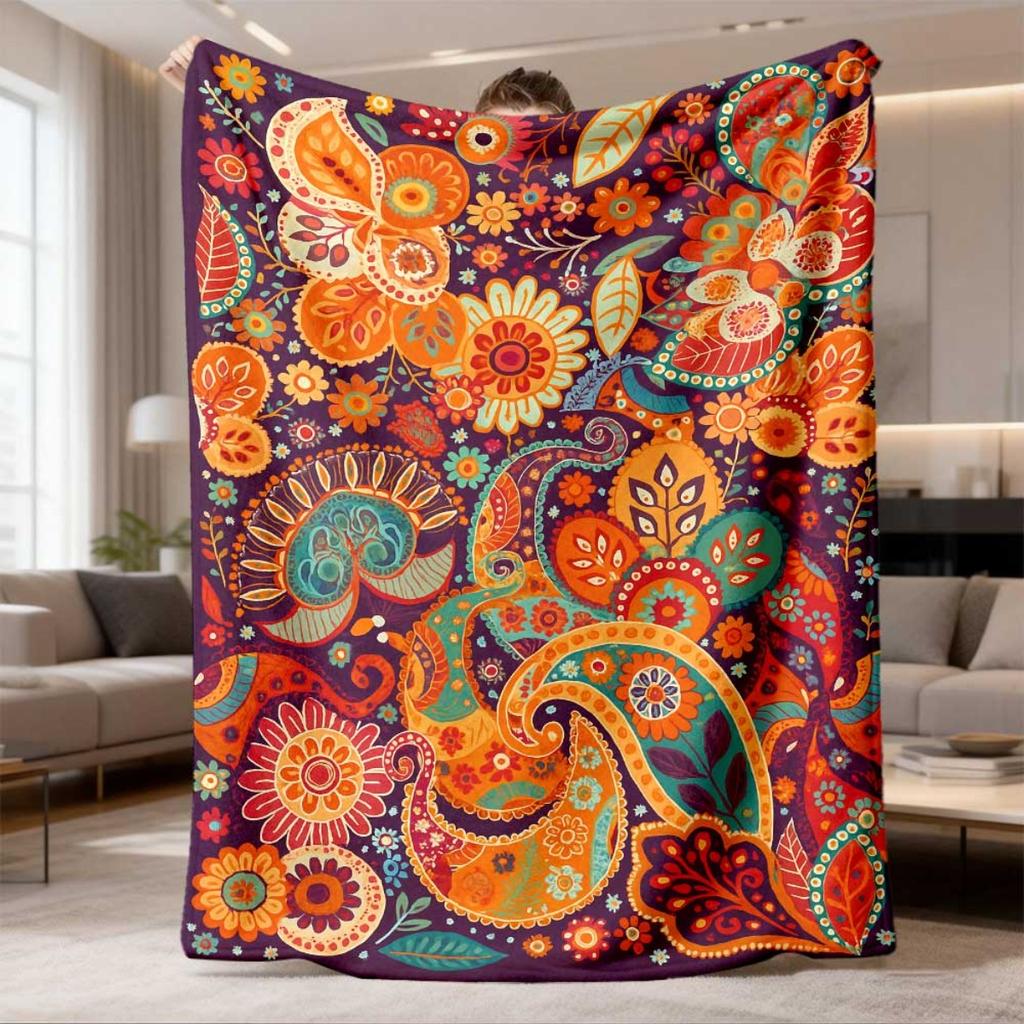 2026 New Arrival Flannel Blanket Vibrant Artistic Paisley Pattern Soft Flannel Blanket Cozy, AllSeason Polyester Throw in Multicolor, Ideal for Home D