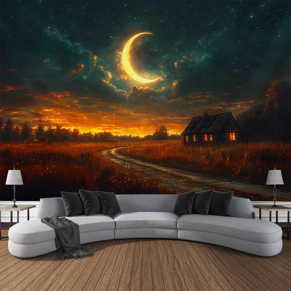 Cielo stellato, luna luminosa, decorazione murale notturna, arazzo, appendiabiti da parete per la casa, cartone animato, hippie, poster di sfondo artistico psichedelico
