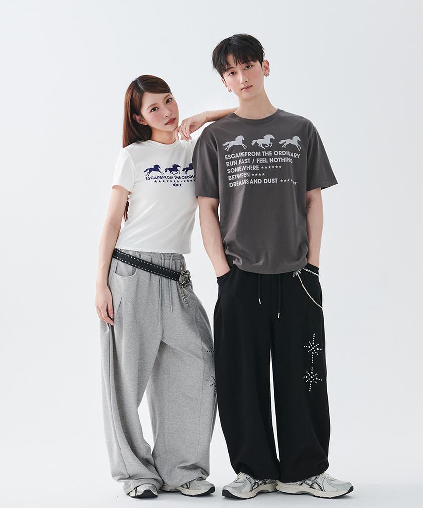 ESCAPEFROM [Escf X Hot Today] E Star Hotfix Detail Incision Sweatpants Black