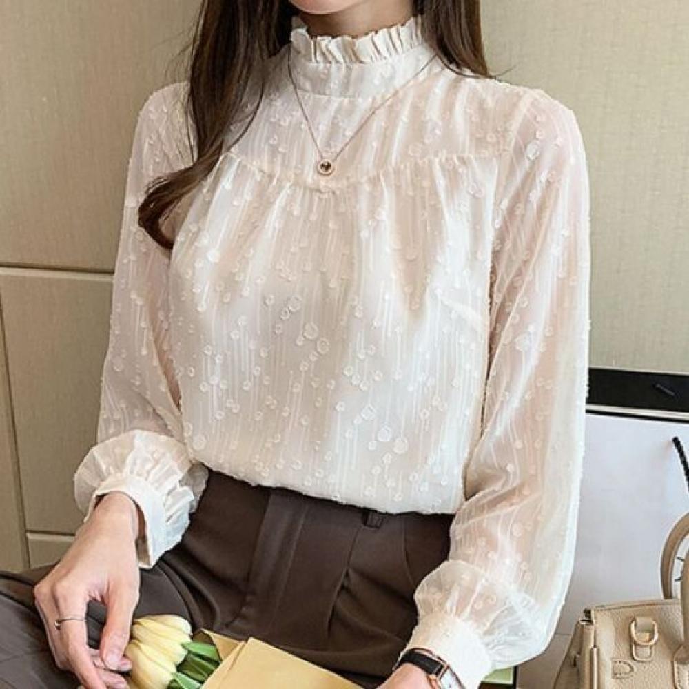 Navava Women Romantic Mock Neck Frill Puff Long Sleeve Blouse Nb3078