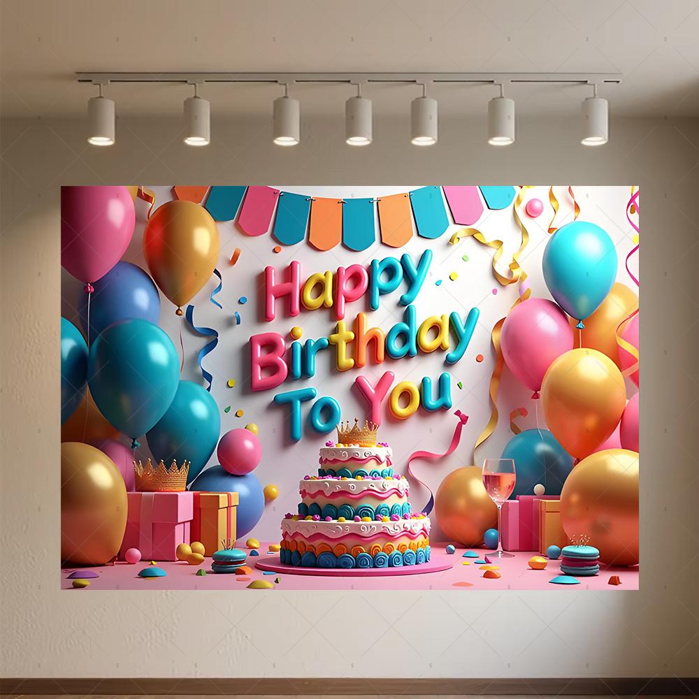 Colourful Happy Birthday Theme Backdrop Supplies 3D Ballon Background Banner Kids Birthday Party Decorations Photo Shoot Props