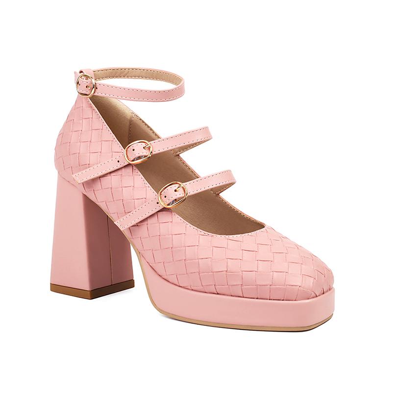 

Туфли Мэри Джейн большого размера в мелкую клетку с тремя ремешками и пряжками, квадратным носком, на платформе, на ультравысоком толстом каблуке, дышащие туфли на высоком каблуке 39 розовый