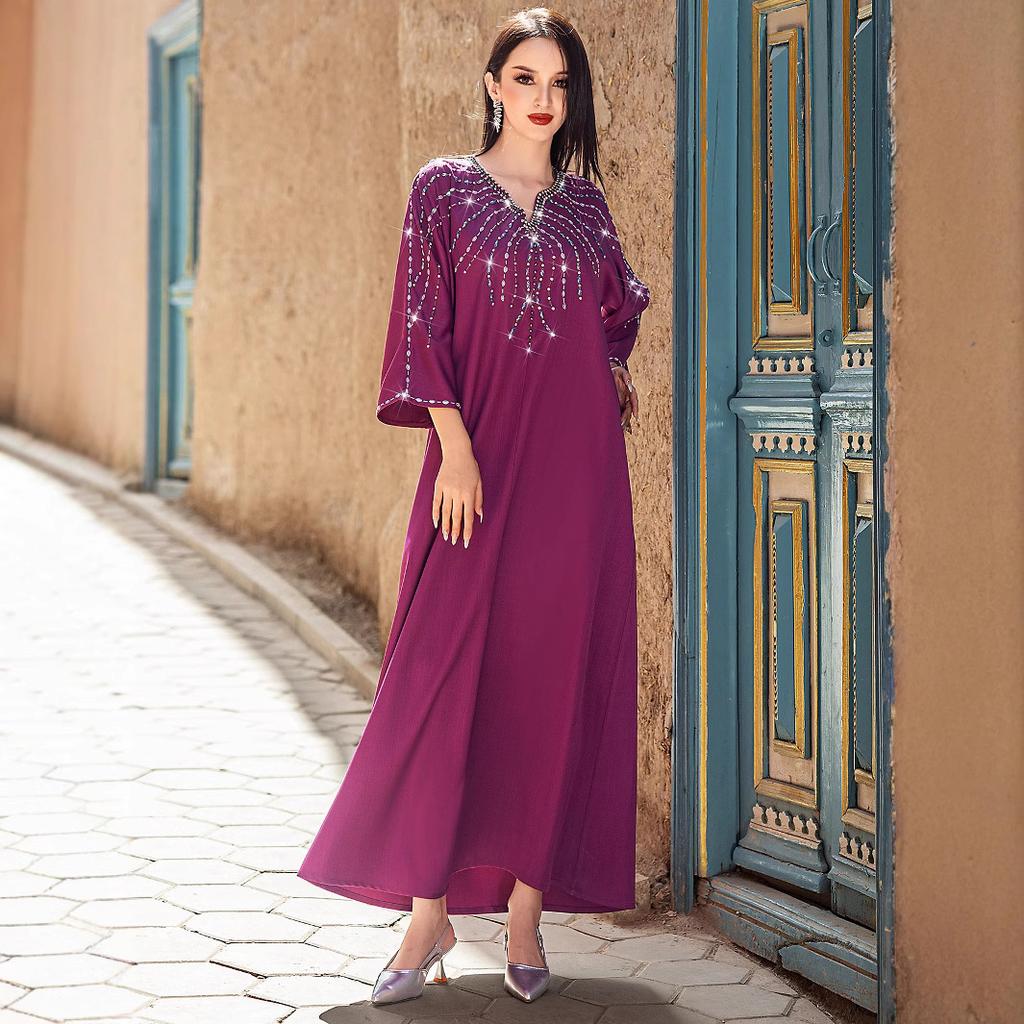 BA5149 new berry purple heavy industry hand-sewn rhinestone dress arabic robe women's clothing